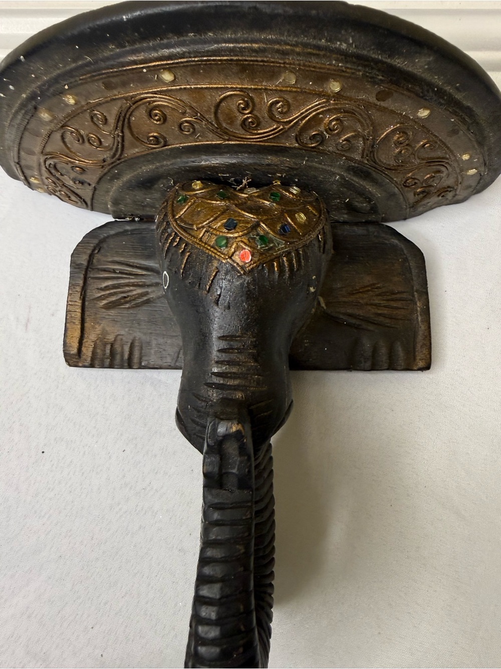 Vintage Carved Elephant Shelf with Embellishments